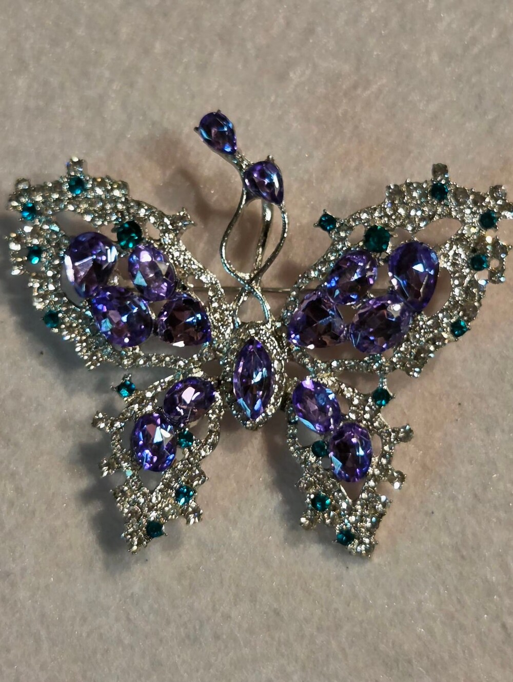 New Silver-tone Purple, Clear and Green Crystal Rhinestone Butterfly Brooch /Pin